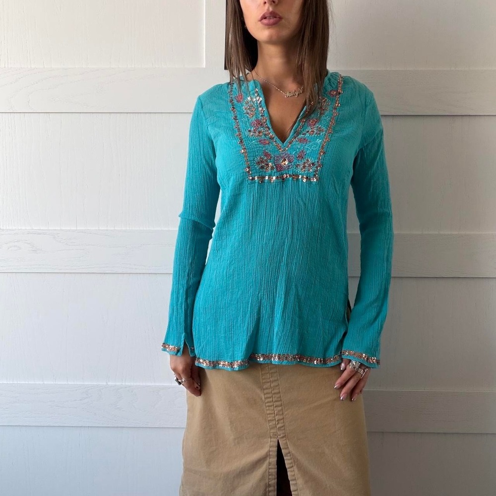 Vintage Gadzooks Turquoise Embroidered Sequin Tunic Top